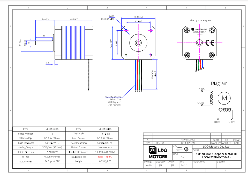 LDO Nema 17 Speedy High Temp - LDO - 42STH48 - 2504AH - Frem3D