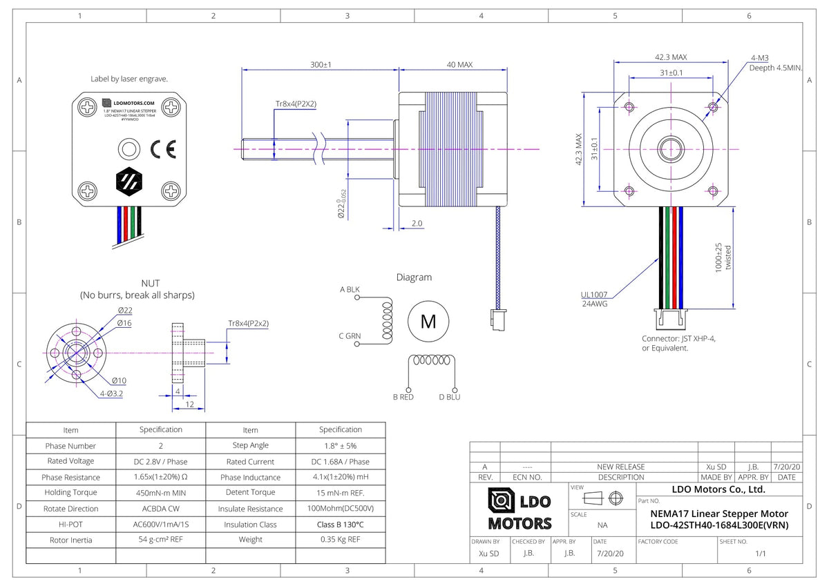 LDO Trident Z Stepper Motor 300mm (LDO - 24STH40 - 1684L300E) - Frem3D