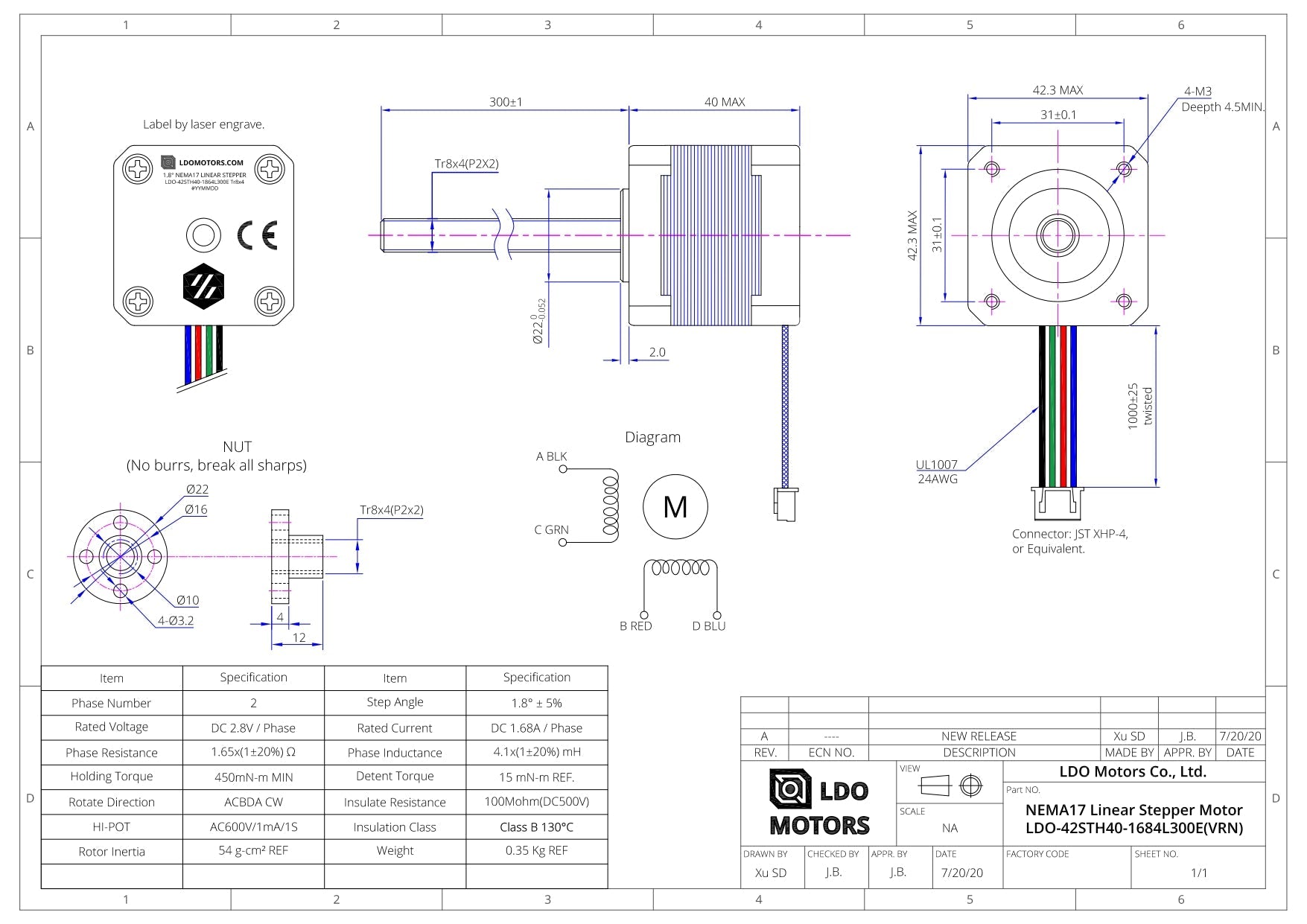 LDO Trident Z Stepper Motor 300mm (LDO - 24STH40 - 1684L300E) - Frem3D